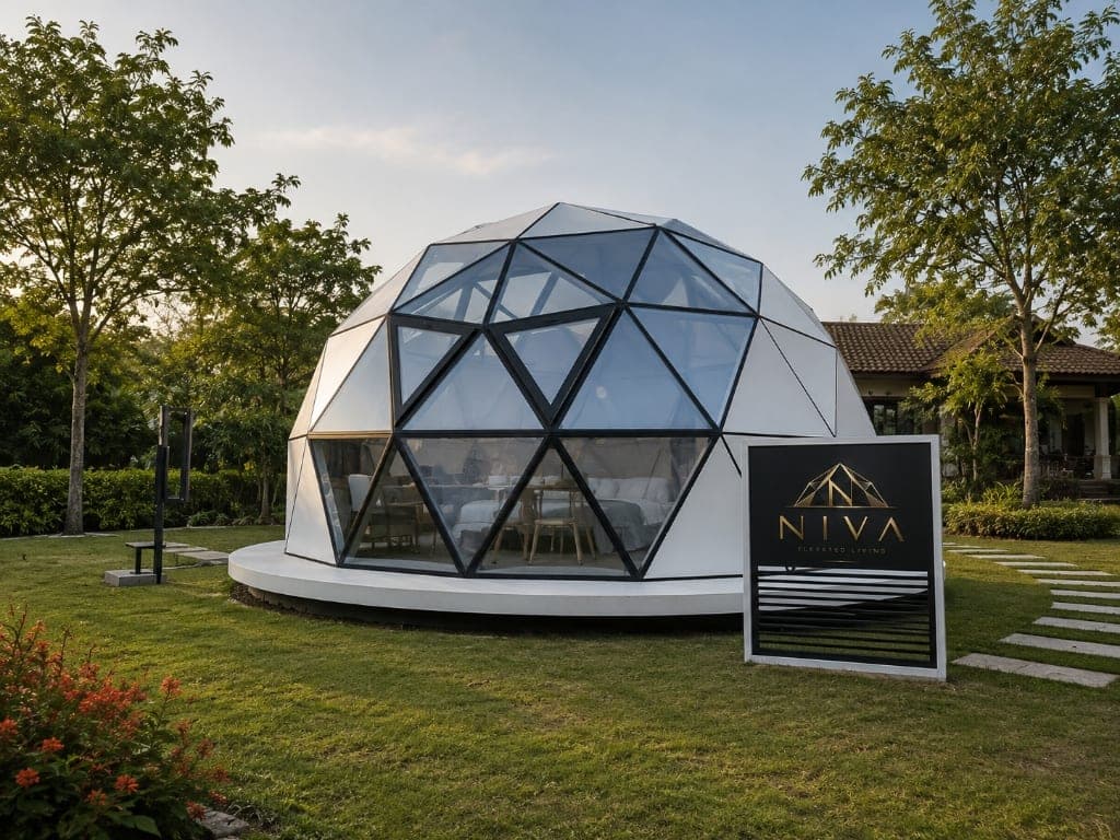 NIVA D2 grounded luxury dome cabin with brand mark on resort lawn