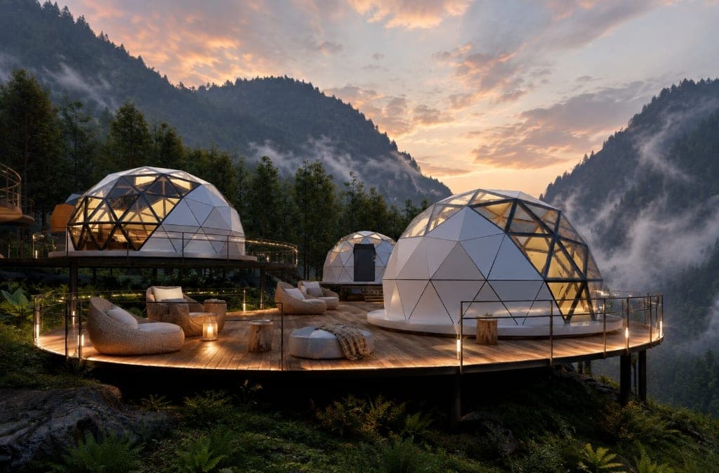 NIVA D2 Luxury Dome Cabins Illuminated on Timber Deck at Twilight in Indian Mountain Resort